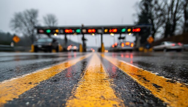 Wet asphalt road with yellow lines leading to a blurred toll booth with traffic lights and cars on a gloomy day