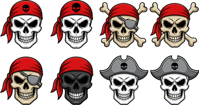 Pirate Skull Mascot Vector Set Featuring Jolly Roger Crossbones with Red Bandanas Eye Patches and Captain Hats for Nautical Tattoos Gaming Logos and Halloween Graphic Designs