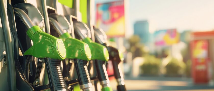 The Gas Pump Nozzles Lined Up at a Bright Modern Fuel Station Forecourt
