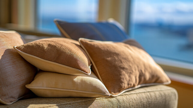 Close-up of textured brown cushions on a sofa with living room throw pillows cushion cover