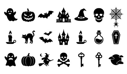 Fototapeta premium Halloween icon set vector with ghosts pumpkins bats and haunted house silhouettes isolated on white background