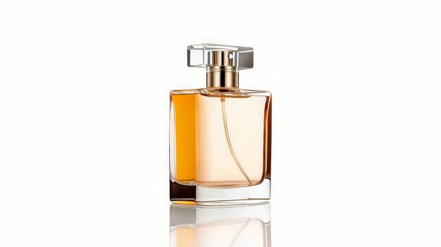 Elegant amber glass perfume bottle with peach fragrance on reflective surface conveying luxury