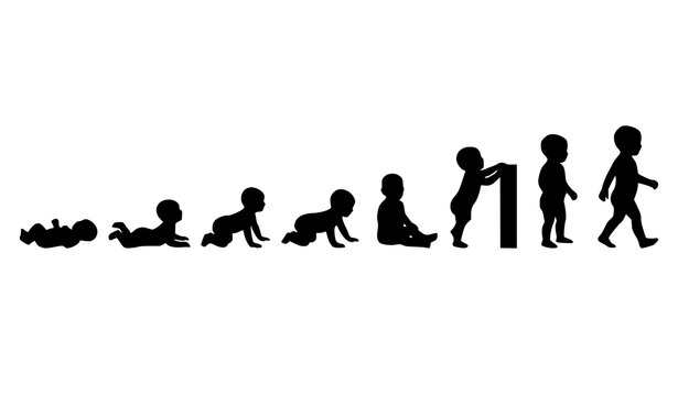 Child development stages silhouette vector with crawling sitting and walking progression isolated on white background
