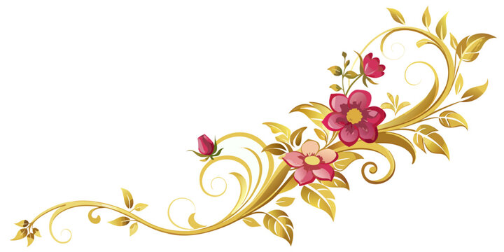 Decorative golden floral swirl with pink blossoms, vector
