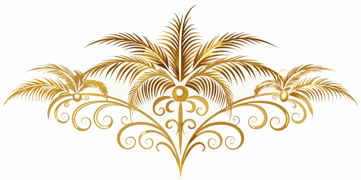 Ornate golden palm leaf scrolls tropical design element, vector