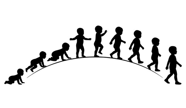 Child growth progression silhouette set with crawling sitting and walking stages isolated on white background