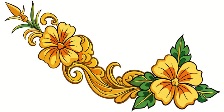 Traditional yellow floral ornament with golden scrolls, vector