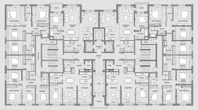 Architectural floor plan of a multiunit apartment building complex