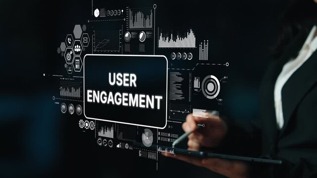 Professional Business Person Analyzing User Engagement Metrics on Digital Screen with Interactive Graphics and Data Visualizations. Asymptotic smart data analytic.