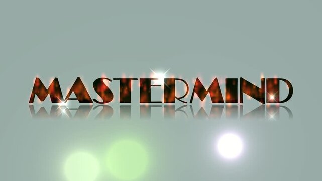 3D render of mastermind text with glowing light flares and reflections on soft background creating business concept animation designed for strategy visuals and video overlays.
