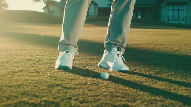 Slow motion of white golf shoes pivoting through a swing at golden hour, debris spraying with a clubhouse glowing in the backlight. Perfect for footwear ads, resort marketing, and lifestyle campaigns.