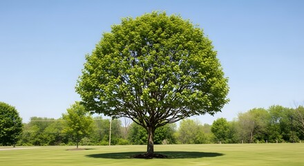 Fototapeta premium A Majestic Oak Tree Stands Tall in a Lush Green Field Under a Clear Blue Sky.