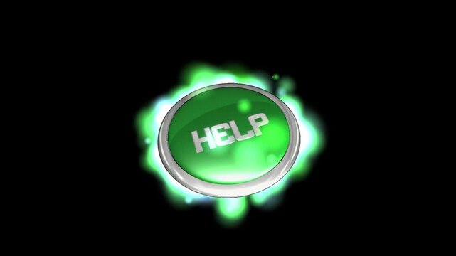 3D render of help button with green glow and light effects on dark background creating emergency support animation designed for assistance visuals and video overlays