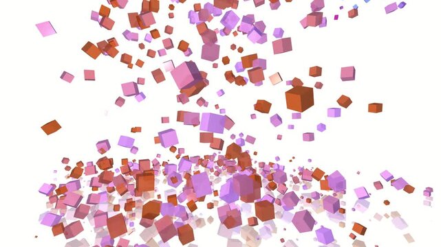 3D render of falling blocks with colorful cubes scattering and bouncing on light background creating dynamic animation designed for visual effects, motion graphics and video overlays