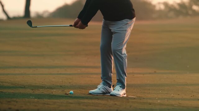 Low angle slow motion of a golfer striking a wedge at golden hour, divot debris aimpact on tree-lined country club course. Ideal for golf brand ads, resort marketing, and apparel campaigns.