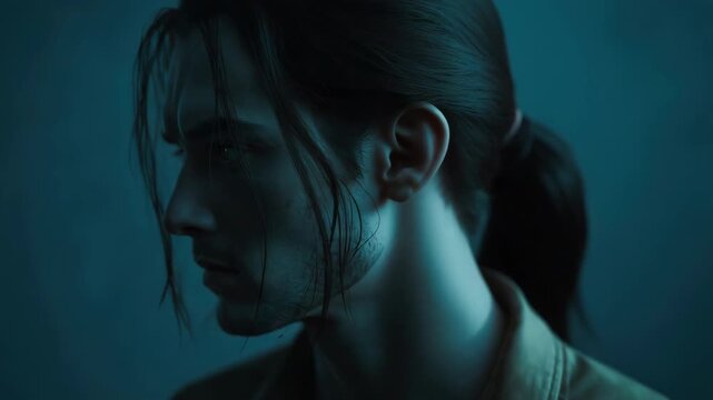 Young man portrait moody cinematic teal lighting with brooding wet hair and thoughtful expression