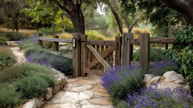 Serene Garden Pathway Leading to a Rustic Wooden Gate Surrounded by Lavender and Natural Greenery