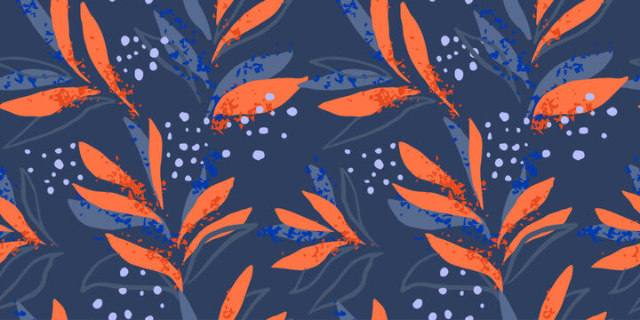 Seamless abstract botanical pattern with bold orange leaves, blue foliage, and scattered dots on a dark background. Perfect for textiles, packaging, wallpapers, and modern decorative designs