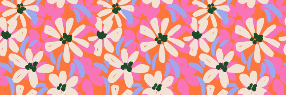 Seamless bold floral pattern with abstract flowers in vibrant pink, cream, and blue on a bright orange background. Perfect for textiles, summer fashion, packaging, wallpapers, and branding