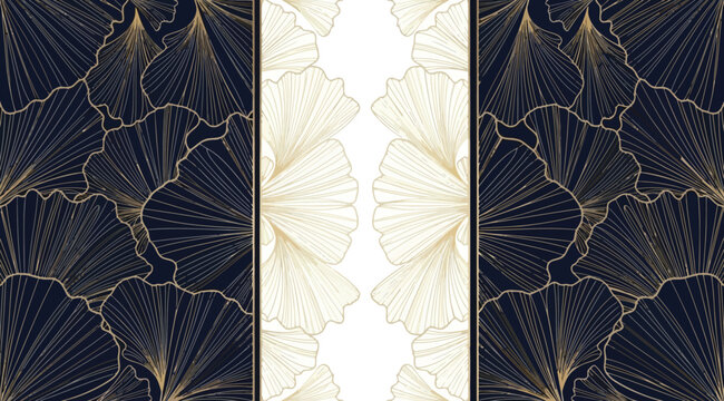 Luxury background with ginkgo biloba leaves pattern in gold and dark blue