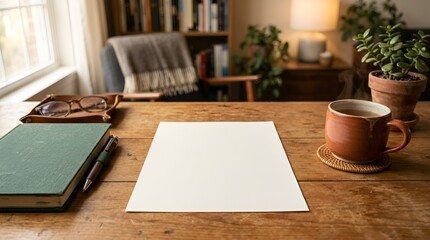 Fototapeta premium Cozy Home Office Desk with Blank Paper, Coffee, Book, and Glasses - Work from Home Scene