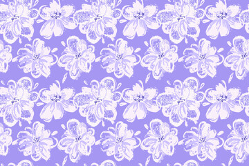 Obraz premium Seamless pattern of blooming flowers in light lavender on a purple background. Romantic botanical repeat ideal for textile, wallpaper, wrapping paper, packaging and feminine designs