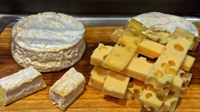 A selection of soft and holey cheeses displayed on a wooden board, accompanied by a rustic cheese knife. Perfect for culinary presentations or food-related content.