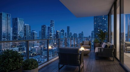 Fototapeta premium Modern luxury penthouse balcony with fire pit lounge area and panoramic city skyline view at night