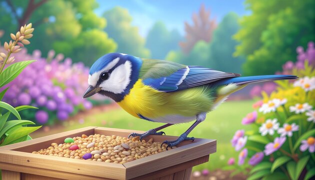 A blue tit perched on a wooden bird feeder filled with nuts in a garden with flowers and trees in the background on a sunny day