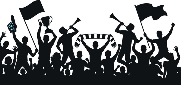 football fans crowd silhouette vector illustration, soccer supporters cheering with flags trophy and scarf, sports celebration concept banner poster background