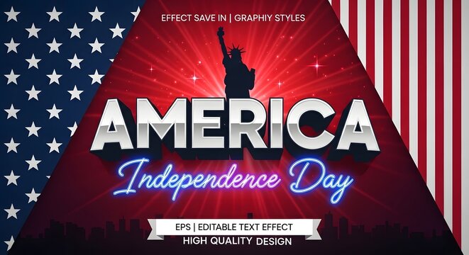 America independence day 3d text effect with statue of liberty and us flag background