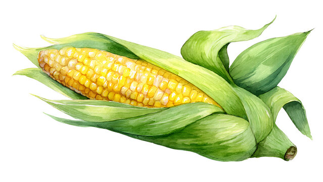 A close-up watercolor illustration of a ripe ear of corn, freshly picked and ready for harvest, with its green husk peeled back to reveal golden kernels