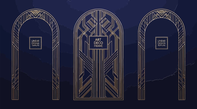 Art deco style golden frames set on dark blue background, geometric linear design templates