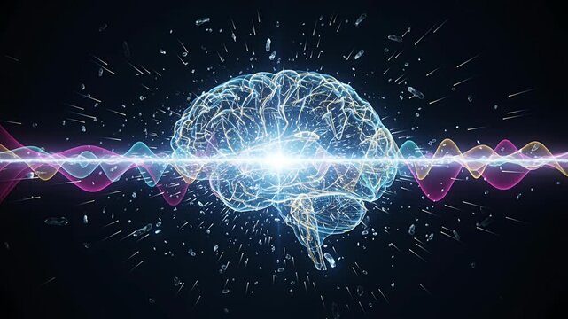 brain neural brainwave visualization with glowing cortex and neon waves