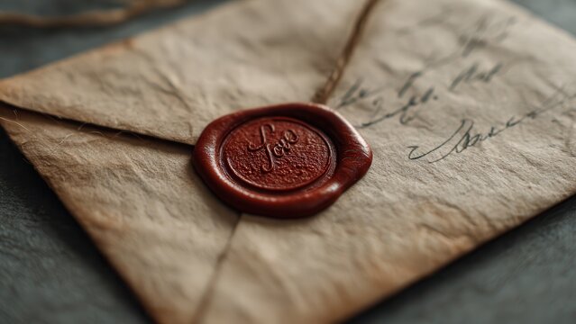 Romantic vintage message Textured paper envelope with a red 'Love' wax seal and handwritten script
