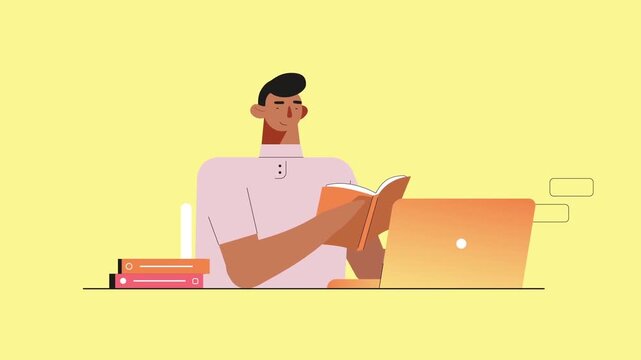 Woman reading book while working on laptop at desk, education and remote work concept, multitasking lifestyle animation scene
