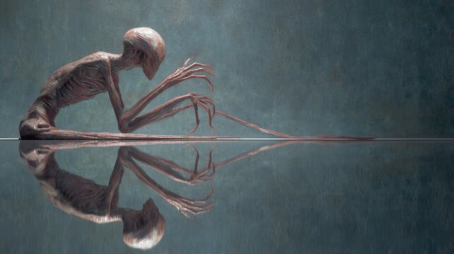 A terrifying thin humanoid creature with long sharp fingers sitting alone in a dark room
