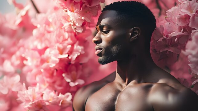 Male Beauty Portrait of Athletic Black Man with Pink Flowers Backdrop