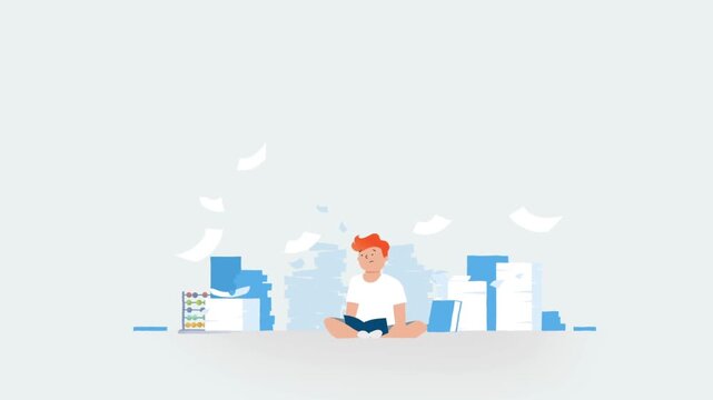 Man overwhelmed by flying papers, information overload, stress and chaos concept, office pressure animation scene