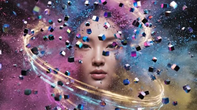 AI Face Forming and Glitching into Digital Particles Loop