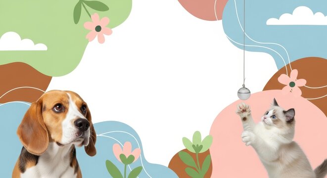 Beagle dog and ragdoll kitten playing with a toy in a colorful abstract background.