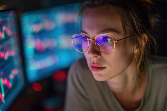 female trader working at night with RGB lights and trading setup