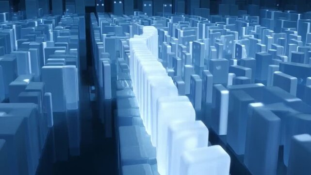 Glowing 3D dominoes falling in a perfect, continuous chain reaction through an abstract maze.
