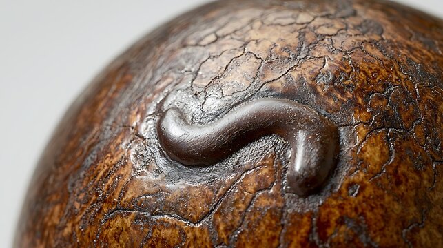 Macro shot of a small brown wormlike carving on a patterned surface.