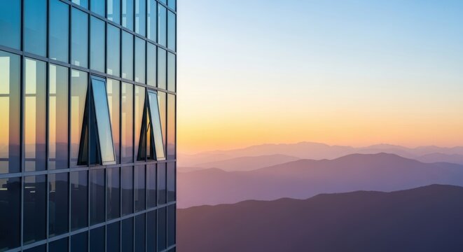 Modern Glass Office Building Facade Reflecting Sunset Mountains Landscape
