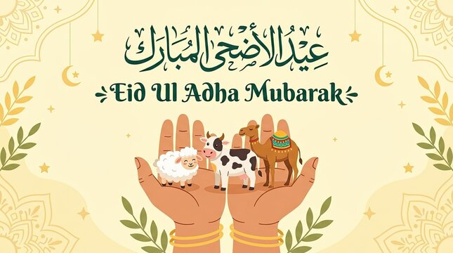 Eid ul adha mubarak greeting with hand holding animals