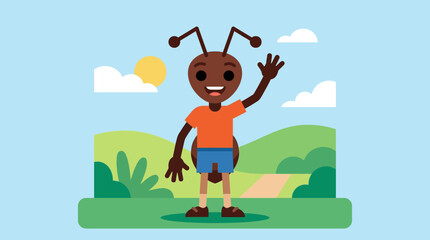 Fototapeta premium A cartoon ant character waving in a natural landscape.