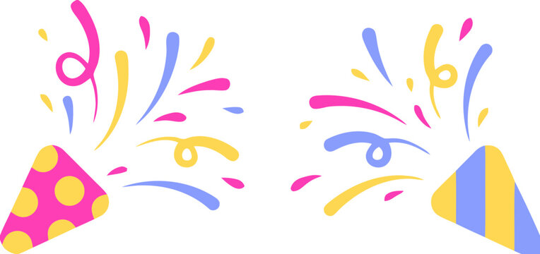 Two party poppers exploding with colorful confetti and streamers