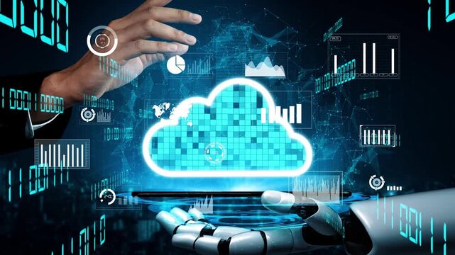 A dynamic representation of cloud computing is illustrated with a human hand and a robotic hand, showcasing data analytics and modern technology integration in a digital realm. Xenic