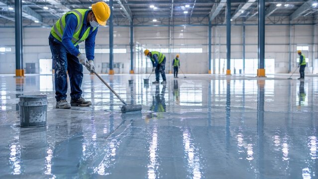 Construction workers are applying epoxy paint or a floor hardening agent to the floor.